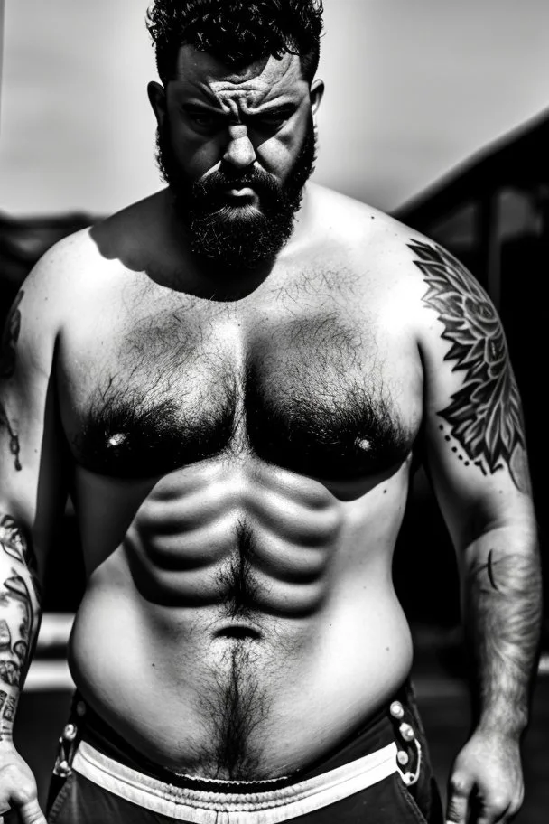 full figure shot photography of a short ugly hefty burly dirty chubby hairy angry man italian 26 years old, short curly hair, shirtless, tattoo, manly chest with bulging opened overalls, angry eyes, inside a mechanical workshop under the sun sitting on the hood of a car, open legs, photorealistic, ambient occlusion, side light , frontal view from the floor