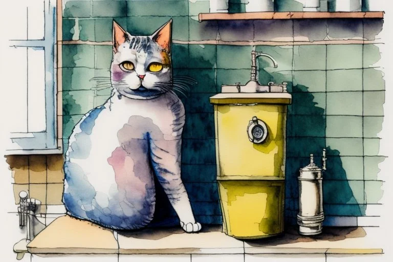 Cat on the boiler in the bathroom, watercolor and ink