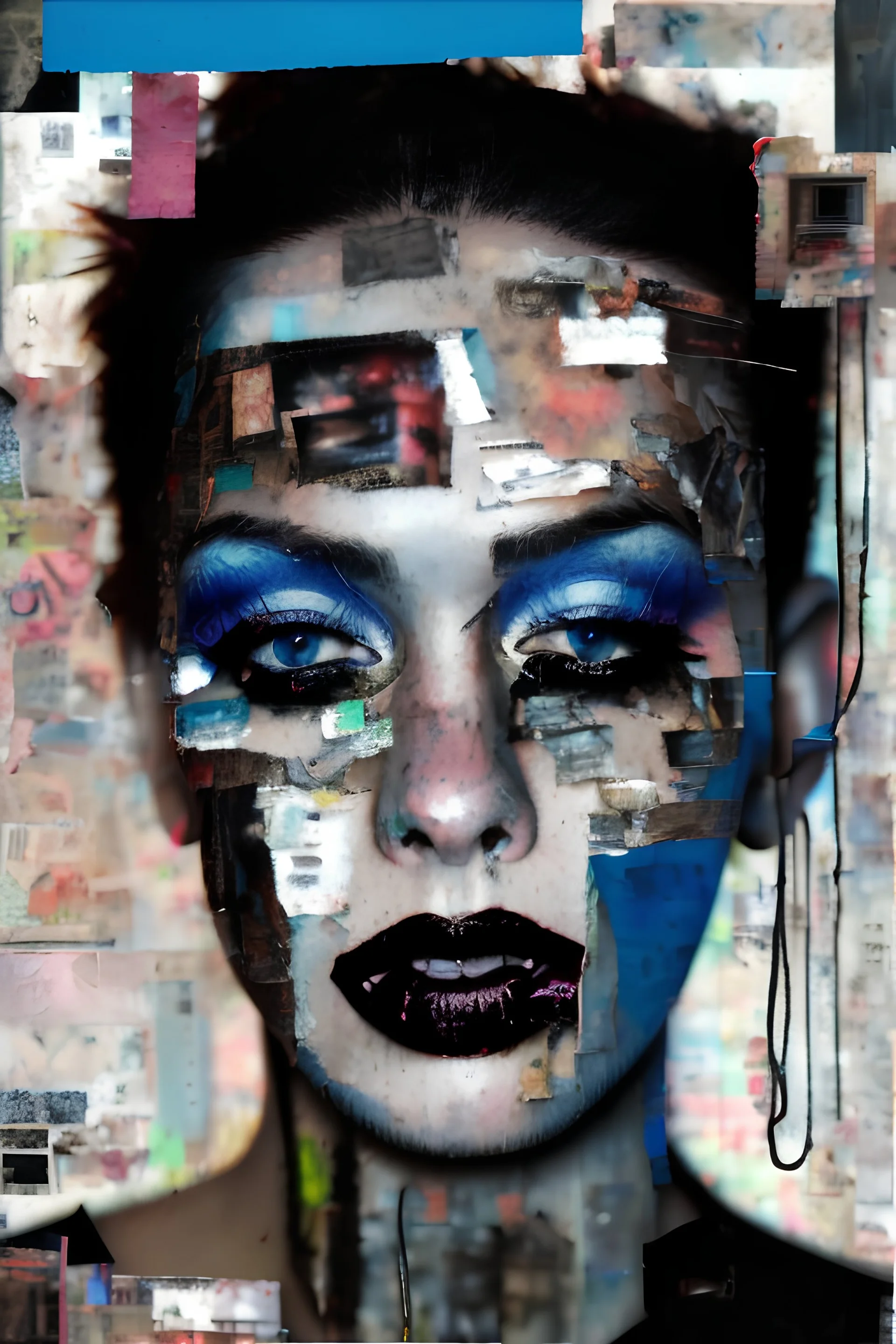 Ultra detailed medium portrait painting of a woman, abused, chaos and dark,torn up collage strips of photo clippings, graffiti spots in background,matrix effects, punk visual art, punk art aesthetic, graffiti art, pop surrealism, collage art, cluttered paint glitches