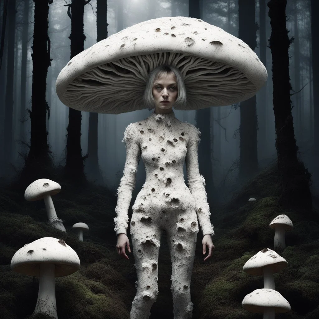 [art by jean-paul riopelle] In the heart of a dark and spooky forest, a woman with big eyes, her head enclosed in a giant mushroom cap, stands trembling. She is clad in a full-body mushroom symbiote suit made of white mycelium, blending seamlessly with the eerie surroundings. Surrounding her are several giant mushrooms, their shapes resembling women, casting long, haunting shadows in the dim light of the forest.The woman's eyes dart nervously from one mushroom figure to another, their silent pr