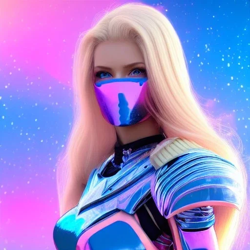 Beautyful woman,galactic , cosmic armor,hair long blond, blue eyes, happy cosmic, bright colors, blue, pink, realistic, photo real, clear sunny background, highly detailed, high contrast, 8k high definition, unreal engine 5, extremely sharp detail, light effect, sunny light background