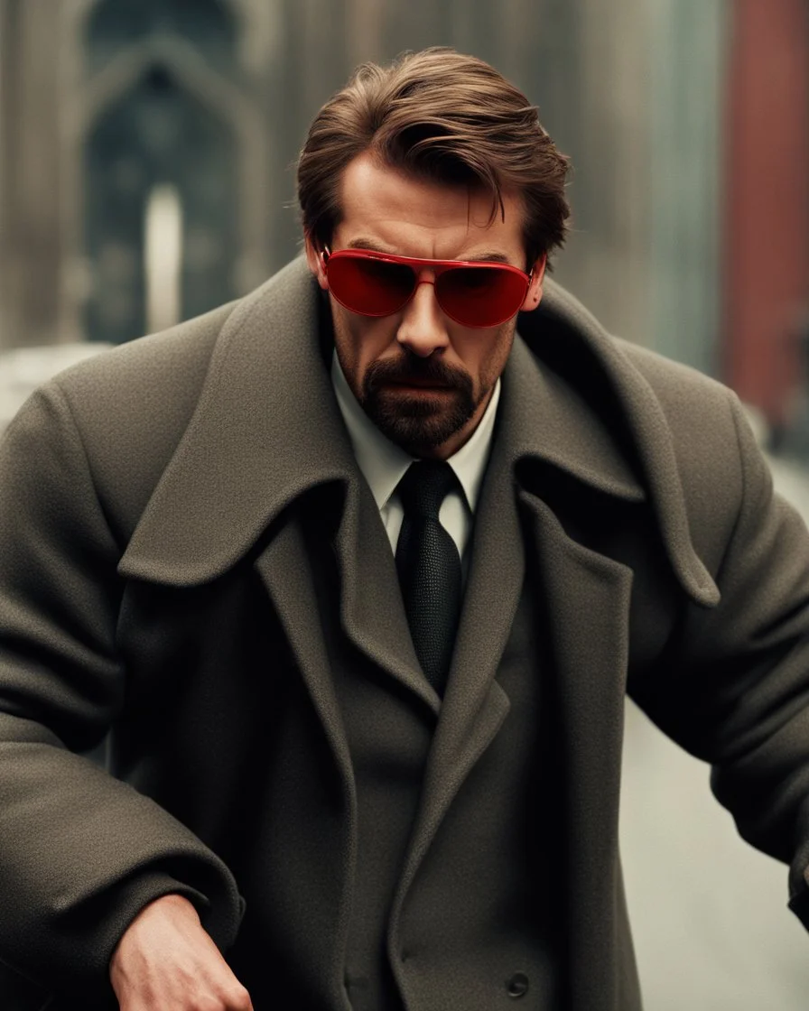 a young man with big muscles who looks like hans gruber wearing a heavy coat and red sunglasses staring with an irritated look on his face