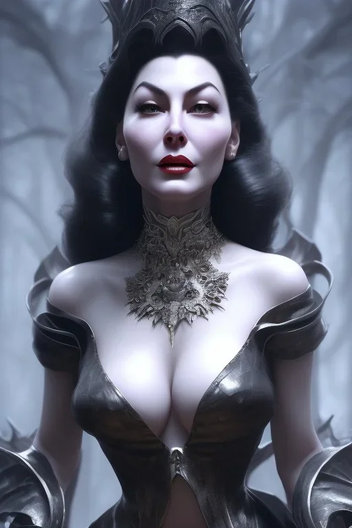 Ava Gardner as evil queen in black leather, busty, cleavage, curvy, angry, stern look. character design by cory loftis, fenghua zhong, ryohei hase, ismail inceoglu and ruan jia. unreal engine 5, artistic lighting, highly detailed, photorealistic, fantasy