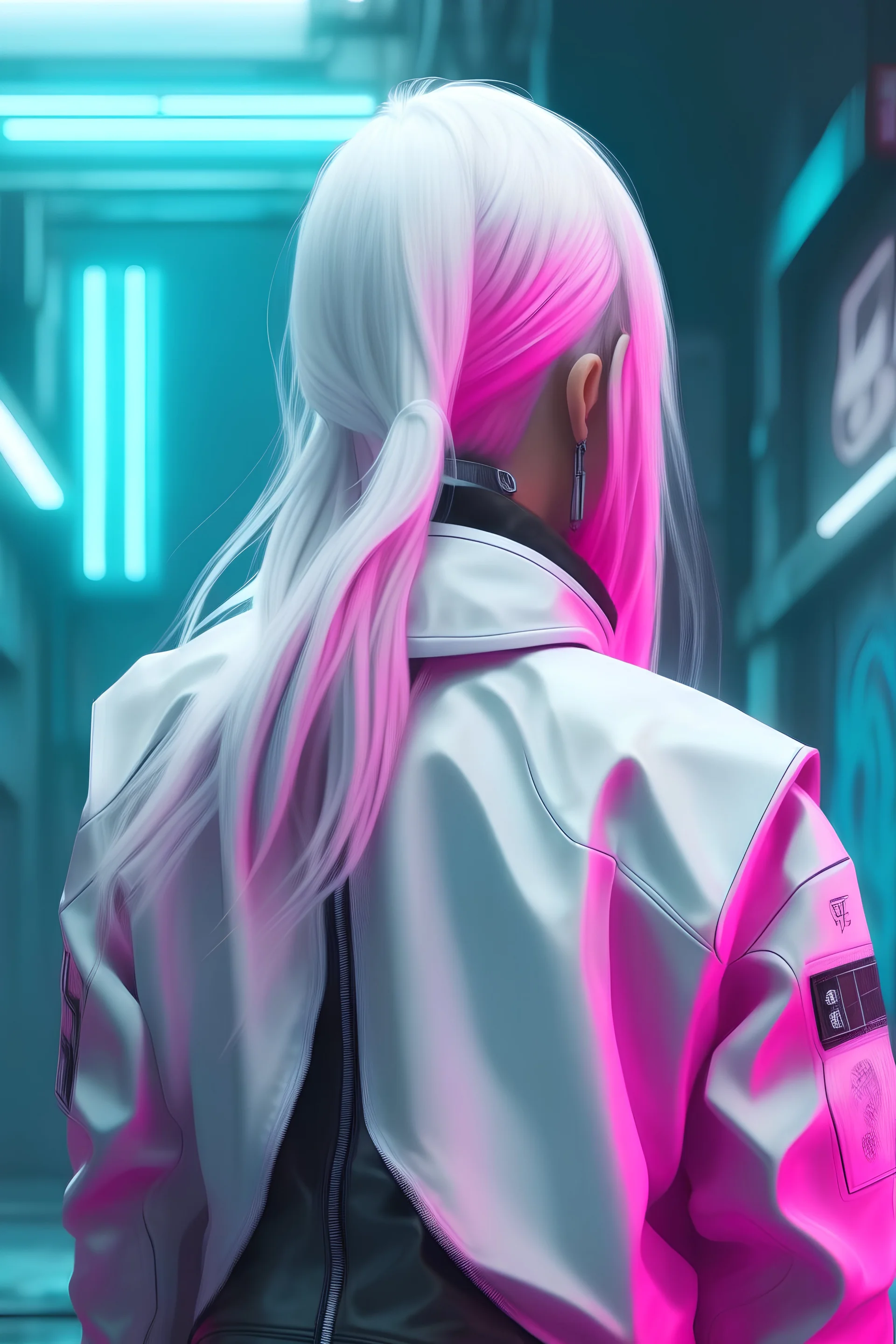 Back of a long white haired cyberpunk woman with pink colours