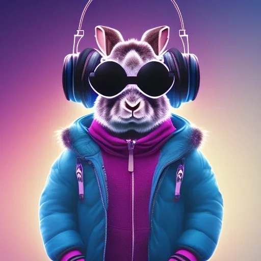 stylized Rabbit toddler, smiling, cyberpunk headphone, sunglass, gangsta neckless, full body, magenta puffer jacket, manila city background, dramatic lighting, hyper realistic, unreal engine 5, 16k