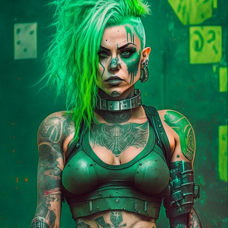 Fit tattooed yoga woman mugshot, cyberpunk green hair, 80s comicbook style, knight armor, wasteland.