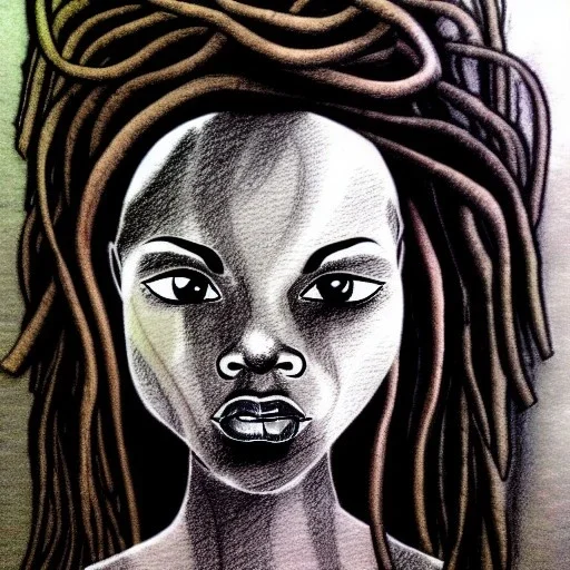 Paper. Pencil sketch art .the face of A young black woman. A wood nymph emerging from the forest. Her hair looks like vines. Dreadlocs. Her skin is the colour of dark soil. Her skin looks like tree bark. Her clothing is made of vines, grass and leaves.