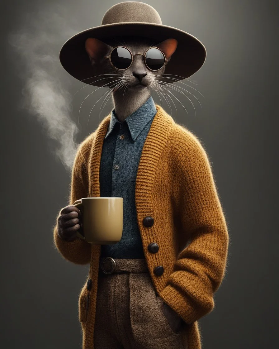 Cool Dude. slender sophisticated Oriental shorthair Siamese chocolate point cat cat standing upright on two legs wears a chunky mustard knit cardigan, patterned trousers and a wide-brimmed felt hat, cradling a steaming ceramic mug in one paw with supreme nonchalance. Exaggerated long whiskers and circular dark sunglasses complete the effortlessly cool ensemble. Full-body photorealistic 3D character render against a moody warm-grey studio background with dramatic side light