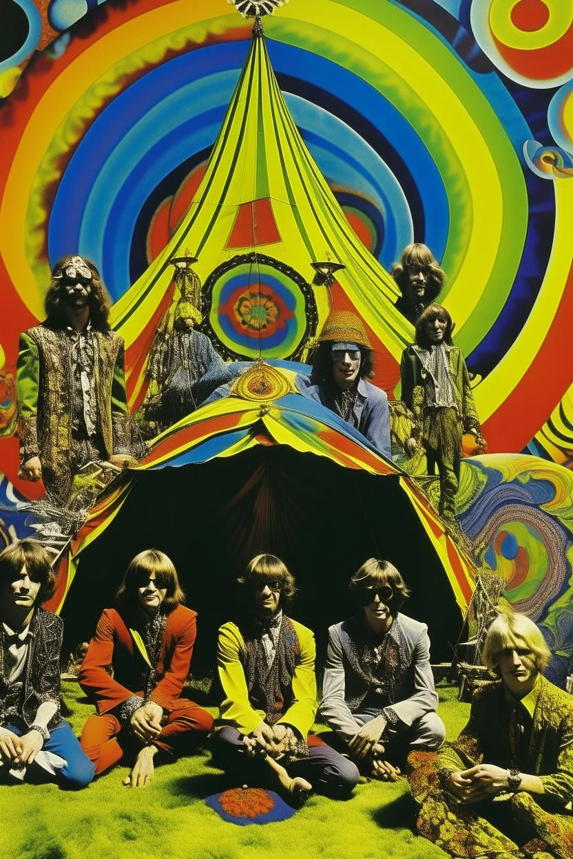 copertina album musicale anni 60 di band effetto fluido acido con tenda da circo