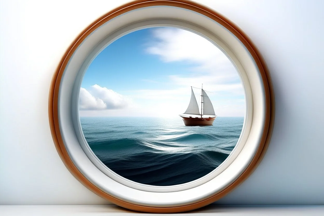 white,background,looking,through,a 3-d, hole,or,window,,a,seeing into an,ocean,with,sailing,boat