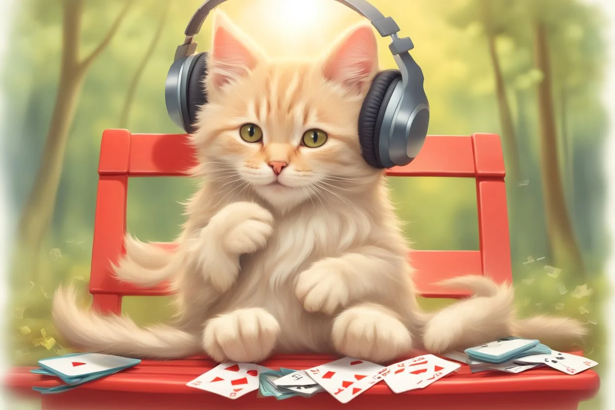 a contented long-haired cute beige kitten with big headphones on its head sits on a red bench in the woods, musical notes emanating dynamically from the headphones, mice sitting in front of the bench playing cards in the sunshine