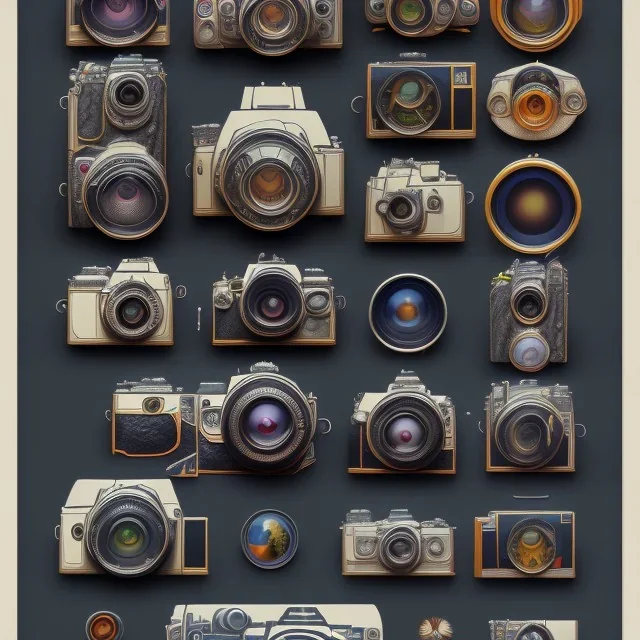 components of the camera laid out flat. poster design. high detailed. oil on canvas.