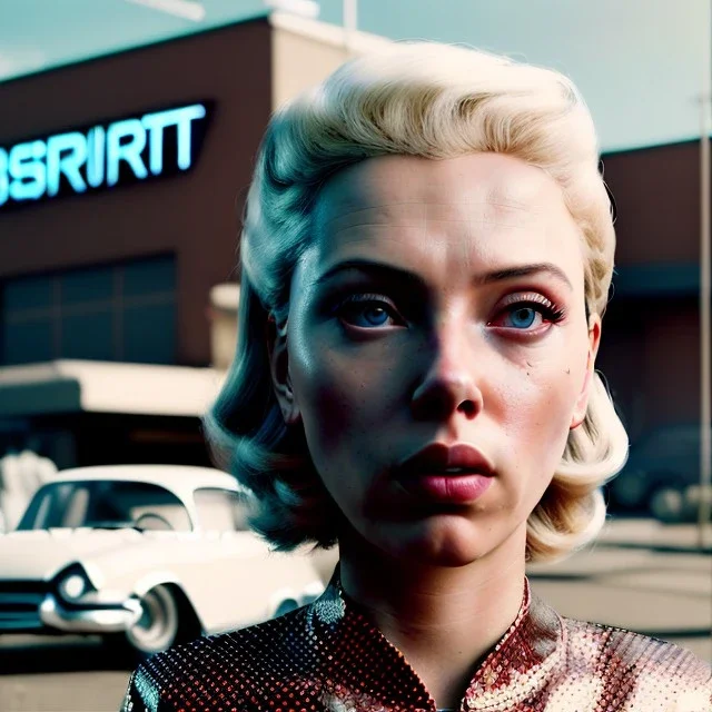 Ultra Realistic retro sci-fi movie burst Supermarket parking scene, 1960 year, waist up view portrait, blonde woman, sweet scarlet Johansson face, perfect iris, glow eyes, face makeup, tight latex coat; many panic people looking, Retro sci-fi style, soft color, highly detailed, unreal engine 5, ray tracing, RTX, lumen lighting, ultra detail, volumetric lighting, 3d, finely drawn, high definition, high resolution.