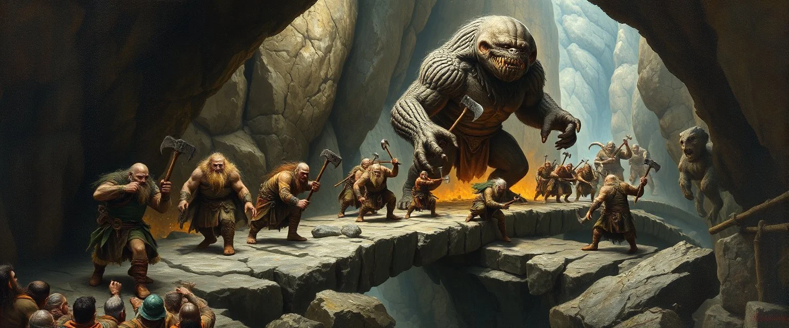master oil painting by Rembrandt, realistic rendering wild battle on underground bridge, dwarves wielding pickaxes, orcs and mountain trolls, huge alien bugbear, bridge is kinda collapsing