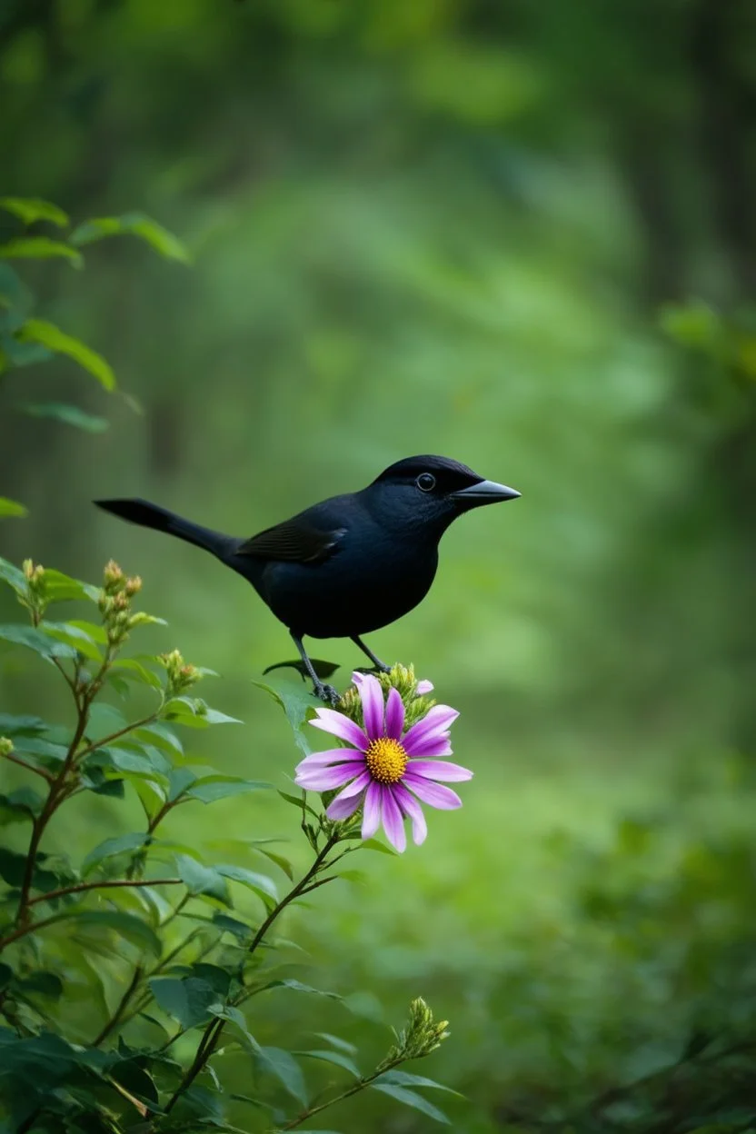 Bird, black background, single flower, forest, deep depth of field,. vivid, light and shadow.