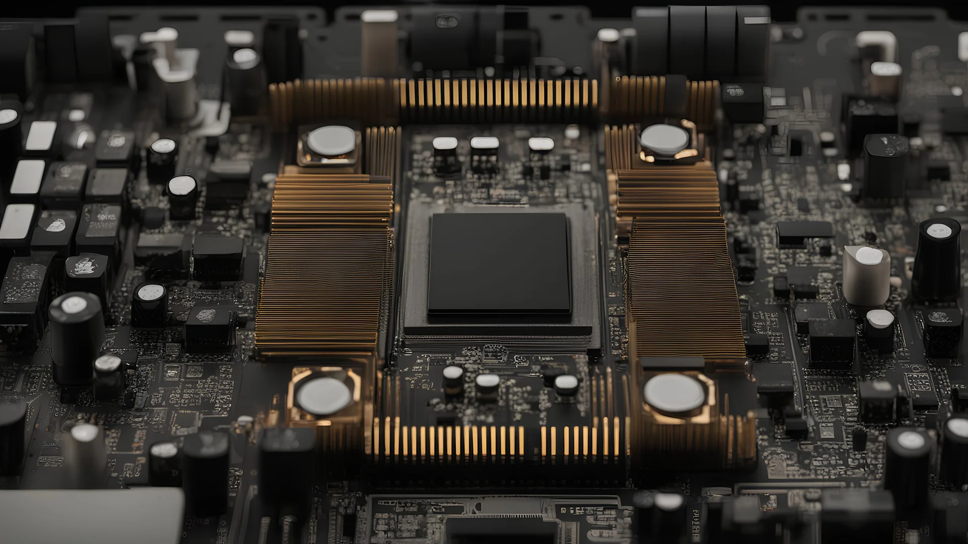 Generate an image that illustrates the versatility of a top mining motherboard by displaying it with various types of cryptocurrency mining GPUs, each optimized for different mining algorithms.