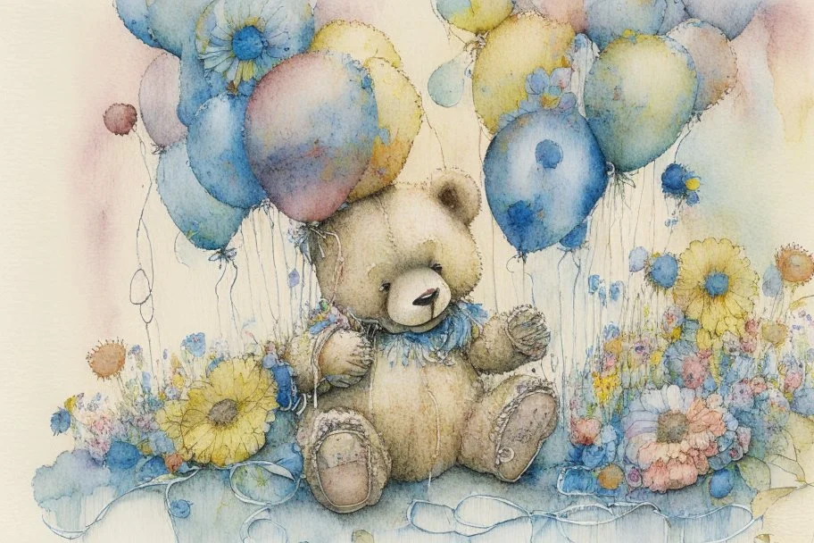 line art, watercolor wash, ( patchwork teddy bear sitting amongst flowers and balloons) brian froud style, carl larsson style, colourful palate, perfect composition, detailed background by daniel_merriamn summers day, studio photo, intricate details, highly detailed highly detailed elegant studio lighting intricate beautiful award winning crisp quality colourful very cute Daniel Merriam Daniel Gerhartz midjourney quality