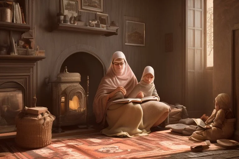 A close-up scene of an Arab mother reading the story from a book with her children around her in the room of the old wooden house near the fireplace 100 years ago.