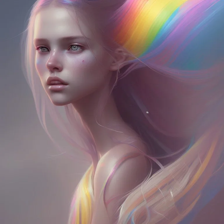 girl, cute, beautiful, long hair, rainbow hair, rainbows, close up portrait by Greg Rutkowski