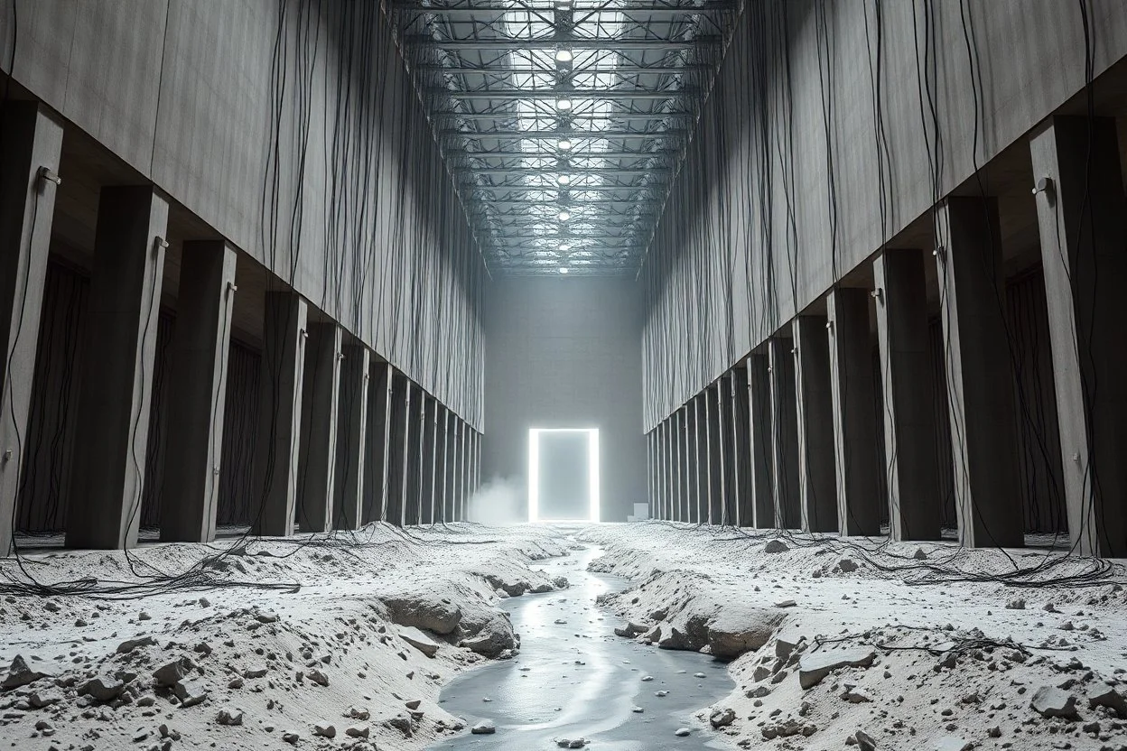 Photograph, a mass of wires, giant museum space, building, pillars, high walls, schermi di computer, high towers in a room, rag, powder, brook, sediments, deflagration of the background, geological formation, light, architecture, minimalist, details of the terrain very accentuated, 8k, deep 3d field, sharp, brutalist, hasselblad h6d400c --ar 85:128 --v 6.0