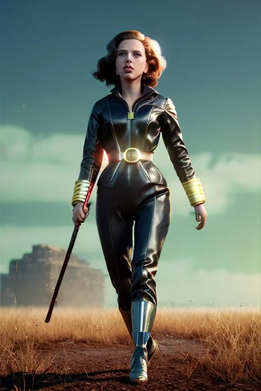 retro portrait image from 1960, explosion background, wind, long hair, young Scarlett Johansson, classic black tight lycra suit, metal stick weapon, gold bracelet and belt, high heel boots, soft color, highly detailed, unreal engine 5, ray tracing, RTX, lumen lighting, ultra detail, volumetric lighting, 3d, finely drawn, high definition, high resolution.