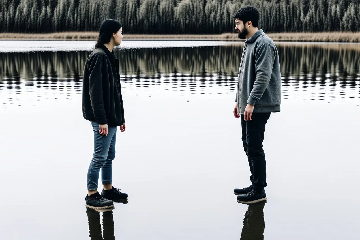 An image of two people exchanging criticism in a constructive and respectful manner, standing on the ground with a lake behind them