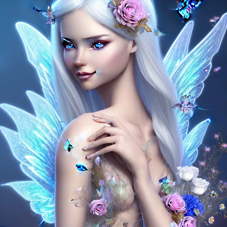 Fantasy fairy with transparent wings, smiling, make up, long platinum blond hair with crown and flowers, blue dress, flower background