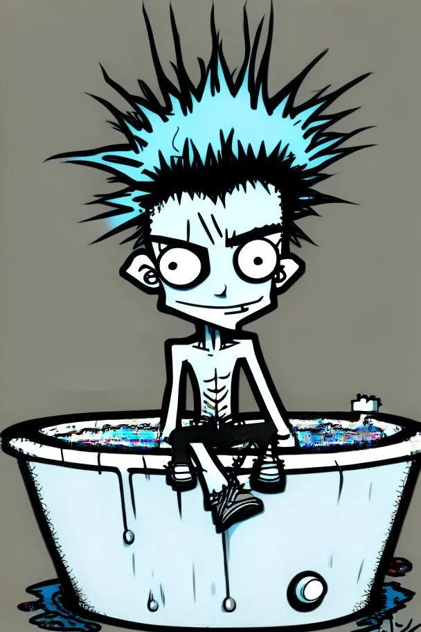 2d drawing of a stickman, cool with punk hair, x eyes like in hangman, slight smile, in luxury jacuzzi ,3d realistic in colour