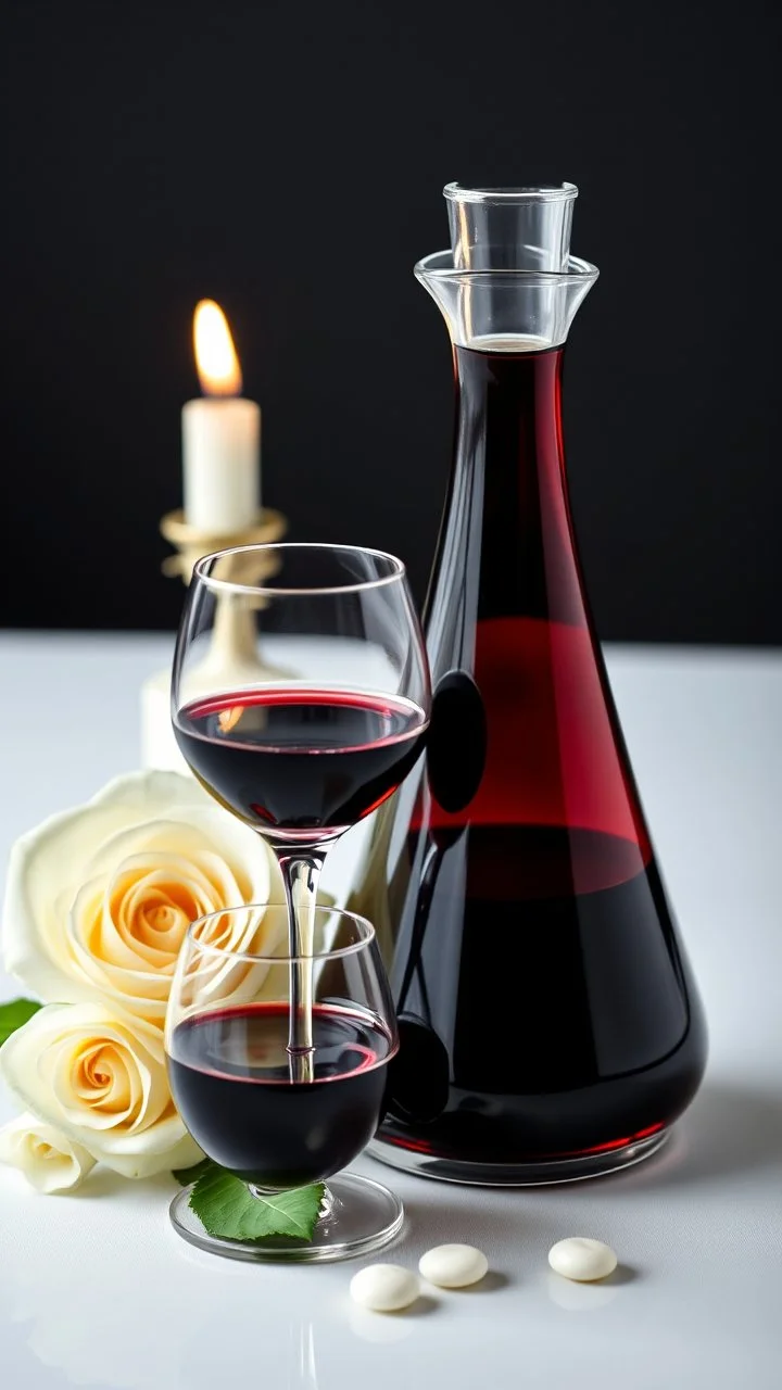 Elegant Wine Breathing Carafe The with glass and white rose and candle in background black,
