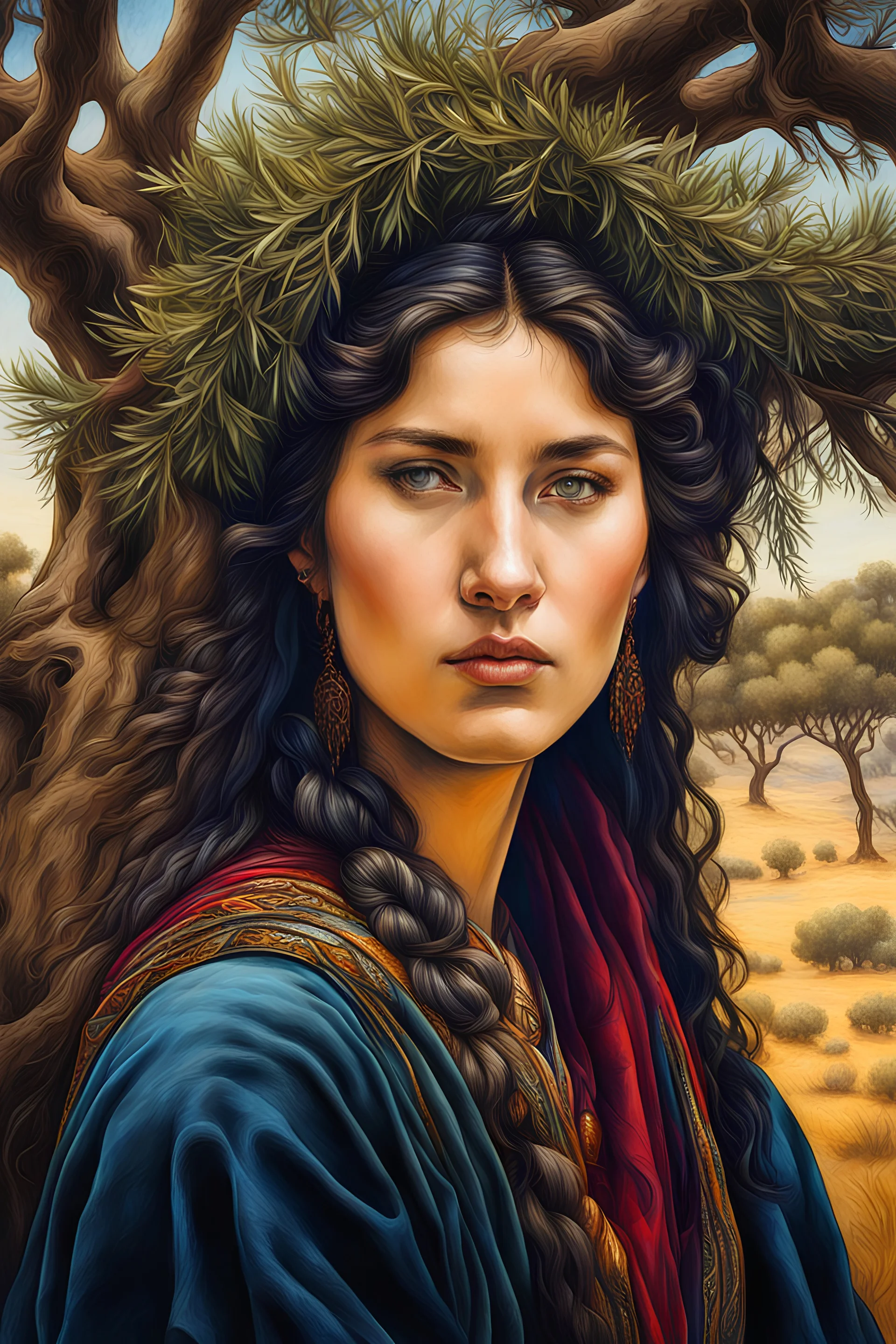 create a classical-abstract-realist fantasy portrait aquatint of a young nomadic tribal shepherdess with highly defined facial features, amidst ancient Andalusian olive trees, in the style of Donato Giancola, Hans Memling, Titian, and Caravaggio, 8k, highly detailed, otherworldly , fantastic, vibrant 4k colors