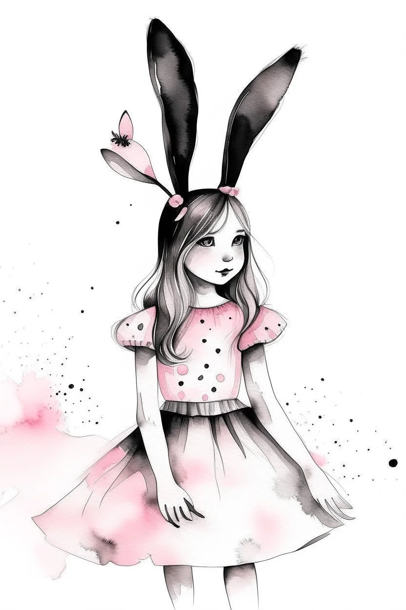 Watercolor black and white with pink dress bunny ears girl