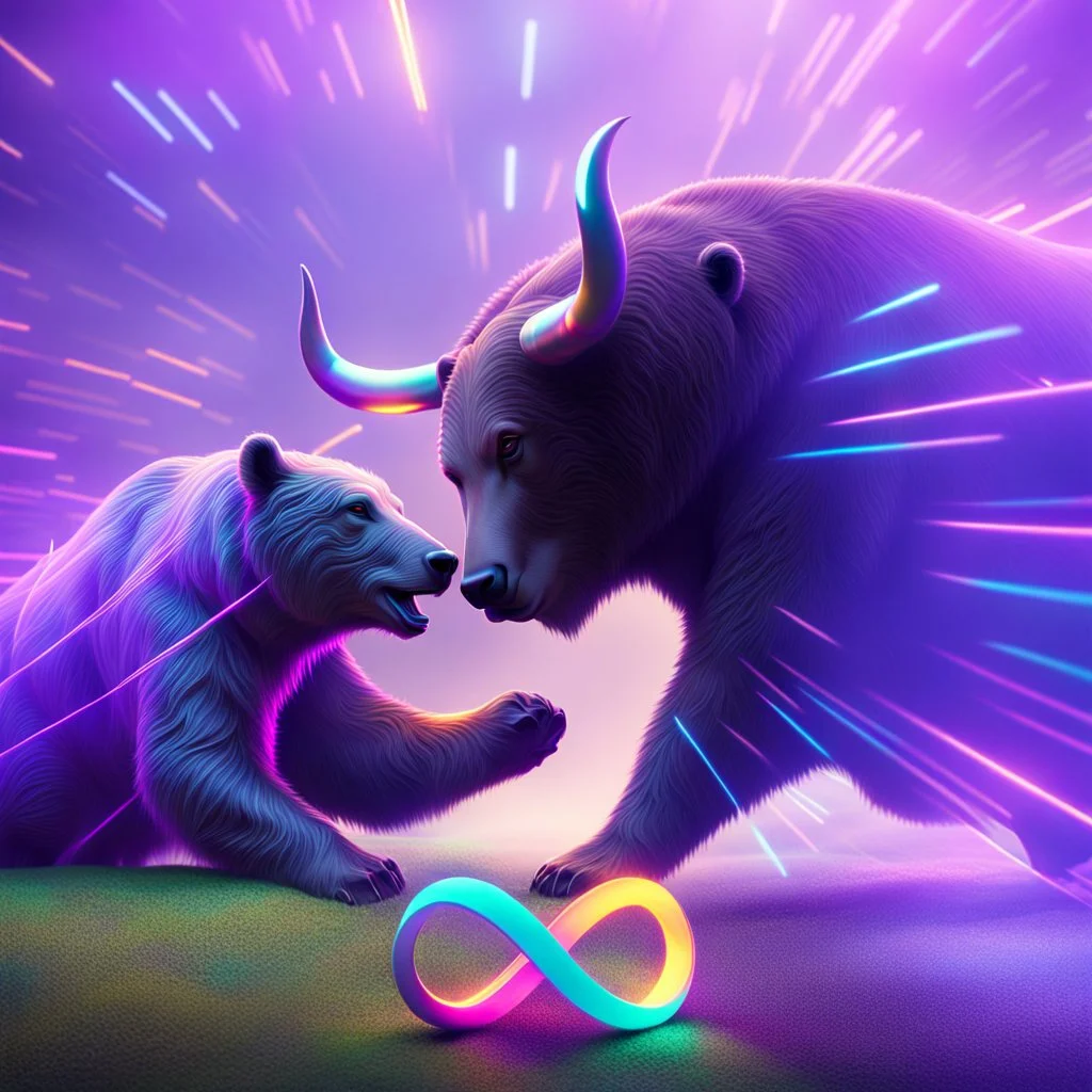 brightly coloured 3D infinity symbol ∞, futuristic, bull attacking and beating a bear in a fight, DSLR with a 80mm lens, set to f/16 and a slow shutter speed of 1/15s, striking, neon, vibrant, chiaroscuro, dramatic, captivating, high-tech, powerful, fantasy, beautiful, octane render, 16k post-production, artstation: award-winning: atmospheric: commanding: fantastical: clarity: ultra quality: striking: brilliance: stunning colors: amazing depth; lens: f/11, 35mm