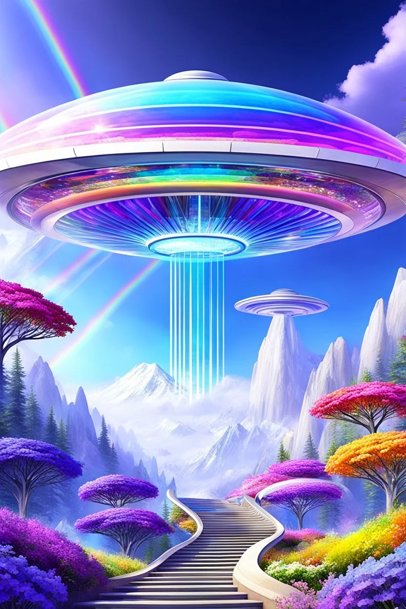 Ufo rainbow, futuriste ultra moderne,stairway to heaven,crystal very beautiful city,nature forest flowers colors