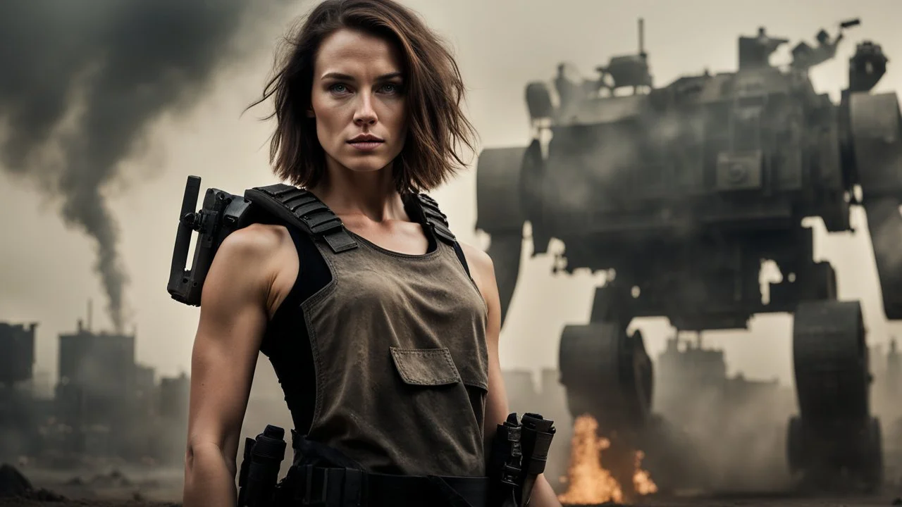 beautiful slender caucasian female technician with a knife, looking away from camera, black tank top, well toned muscles, weathered face, scratched sand camo metal details, short brunette wavy bob haircut, dystopian, postapocalyptic city scene with smoke and explosions. giant robot in the background