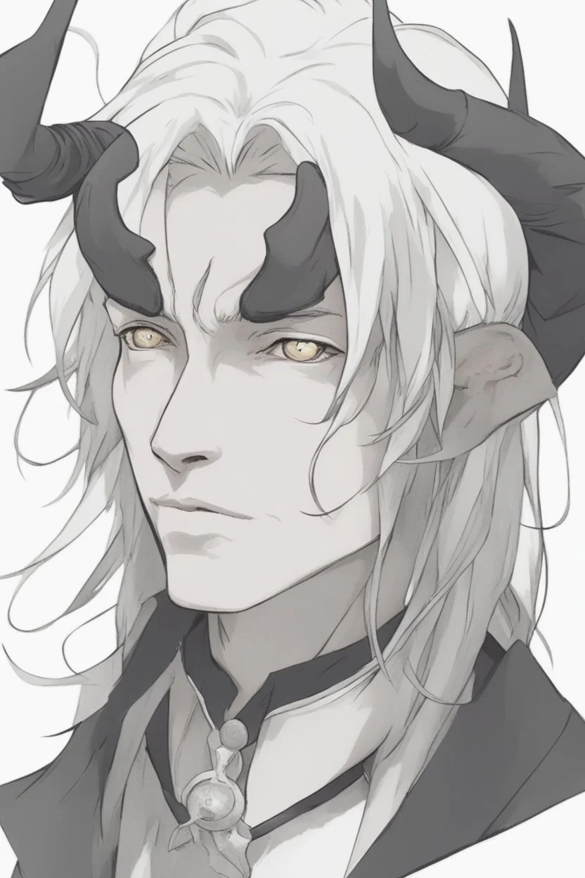 A dnd character portrait, a tiefling man with long hair and two black horns, white eyes and pale skin. Handsome. Young.