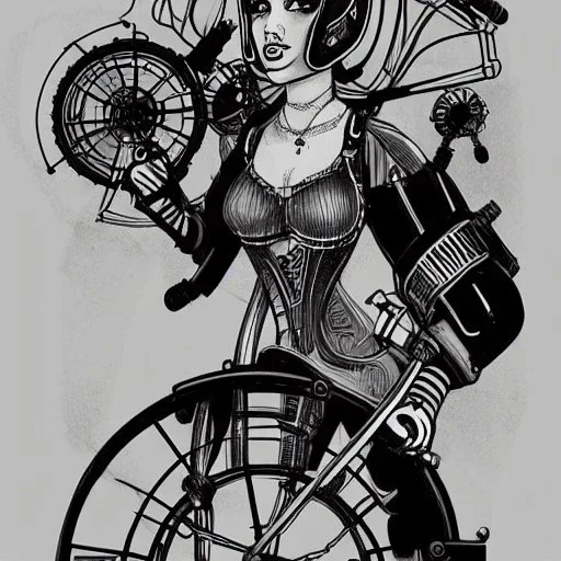 great illustrator, spanish, pencil sketch of a cute girl, beautiful, steampunk syle, black and white. Helmet with tubes. Machinery in the background. cyber bird flying. High details.