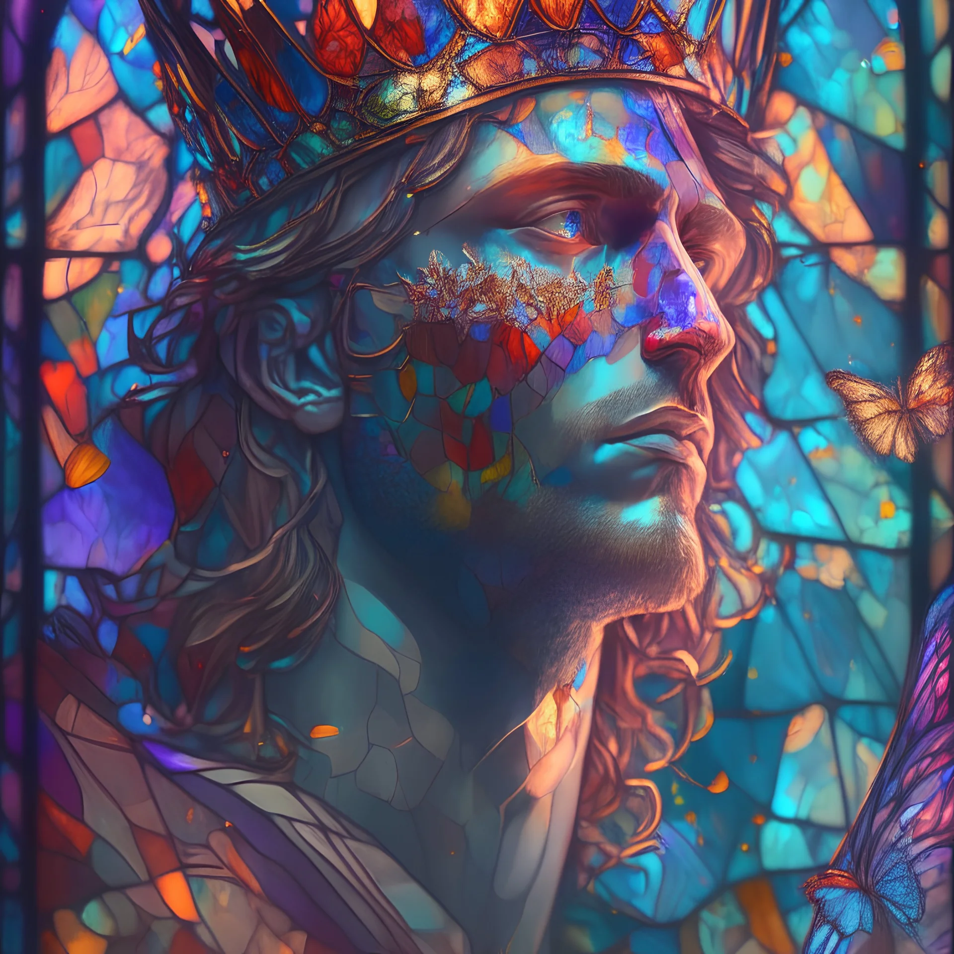 a (stained glass:1.8) portrait of an ((King solomon 1.1)), crown,light particles, godrays, beautiful, flora, overgrown, detailed scales, digital painting, masterpiece, vibrant, multicolored, cinematic lighting, 8k, digital painting, trending on artstation, butterflies, reflection, centered, bloom
