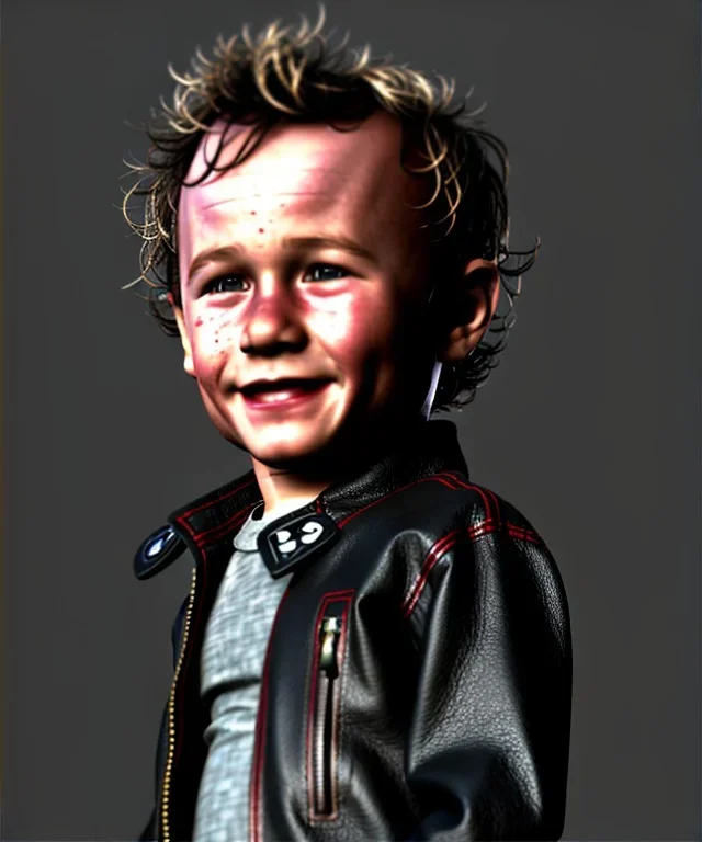 Heath ledger toddler, full body, leather jacket, soft skin, dramatic lighting, hyper realistic