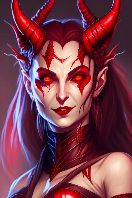 Portrait of a Dungeons and Dragons Tiefling girl with deep red sin, pretty, beautiful, symmetrical horns protruding fromn forehead, devil horns, smile, epic lighhting, cinematic, fantasy, , high quality, best quality, high definition, masterpiece, 8k, artstation, artwork, concept art