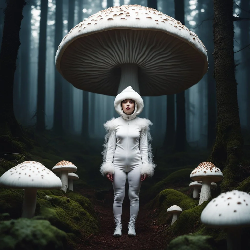 frightened, very cute, woman with big eyes, head enclosed in a giant mushroom-cap , wearing a full body mushroom symbiote-suit made of white mycelium. Surrounded by several giant mushrooms shaped like women. In a dark spooky forest.