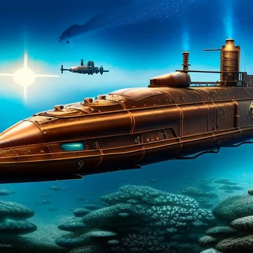 fullbody Drawing of 'sketch of Steampunk Submarine vehicle',intricate detail,andrea bonelli,Kilian Eng,Ohrai,evan lee,Aleksandr Sidelnikov,KyuYong Eom,three quarters frontal aerial view,toned colors,16k