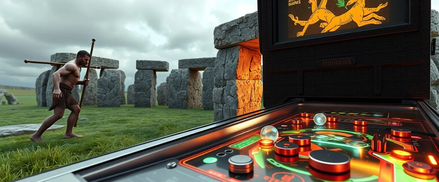 stone age pinball played by stone age man 4d rendering by the stone henge