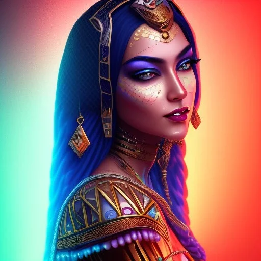 3D close-up of a beautiful Arab pharaonic girl, sarcastic smile, high contrast, glowing backlighting, blue and red backlighting, vibrant hair, dark brown eyes, sharp focus, high makeup, medium face painting, background blur.