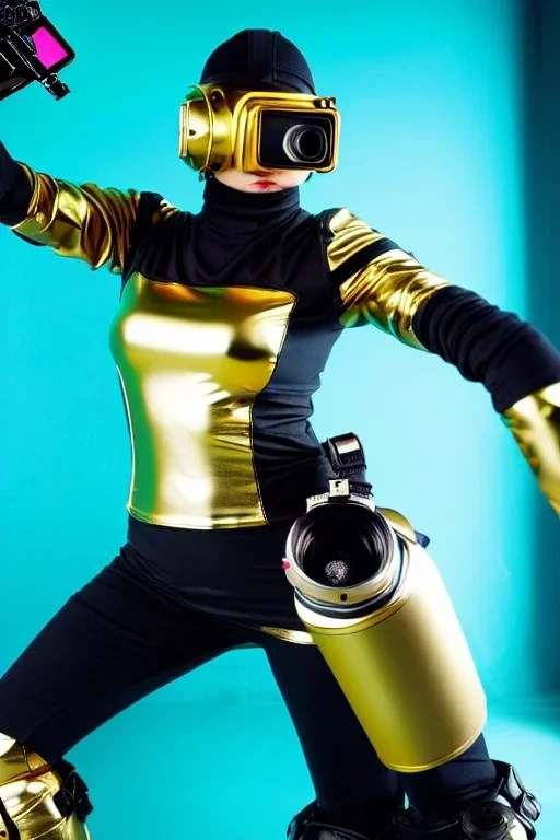 Metallic Cyber-punk style camera-mask. Helmet with camera. Large fencing mask covers cheeks. Trim girls. Reflective plastic body surface. Camera lenses as eyes. Head full of integrated old-fashioned cameras. Golden to cyan surfaces body. Perfect body, thick thighs and calves. Selfie, Selfies, old-fashioned cameras, both hands, mirror. Wide hip. Partly symmetrical. Camera lenses cover the most of the body. Euclidean 3D-tiling, Escher. Mathematically impossible tiling. Soviet Propaganda style.