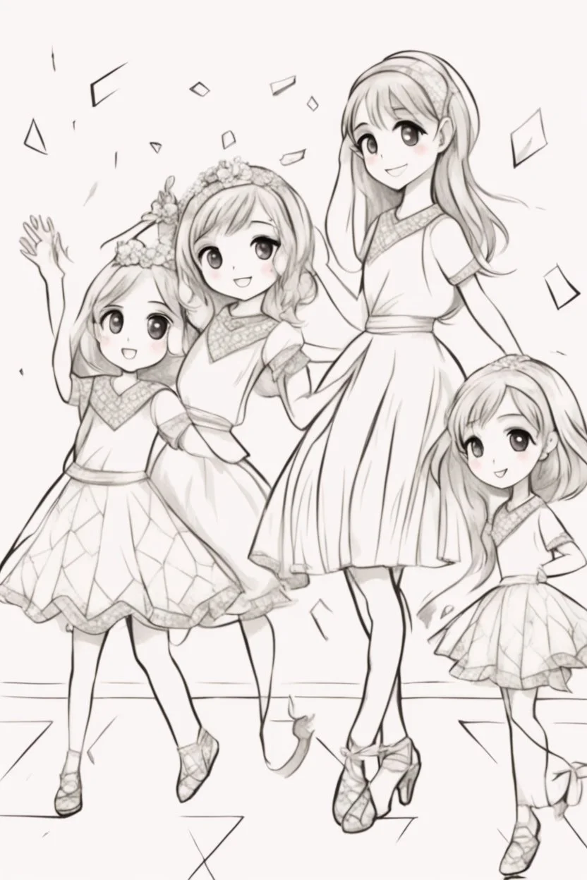 Little girls dancing in diamond-patterned dresses at a festive celebration. Use diamonds for their dresses, party decorations, and the dance floor.,very happy , Colloring page for todlliers ; basic hawali style cartoon , black and white , ink outlines , , smooth , anime style , minimalist , cute eyes , full body , white shose , sketchbook , realistic sketch , free lines , on paper , character sheet , clean line art high detailed