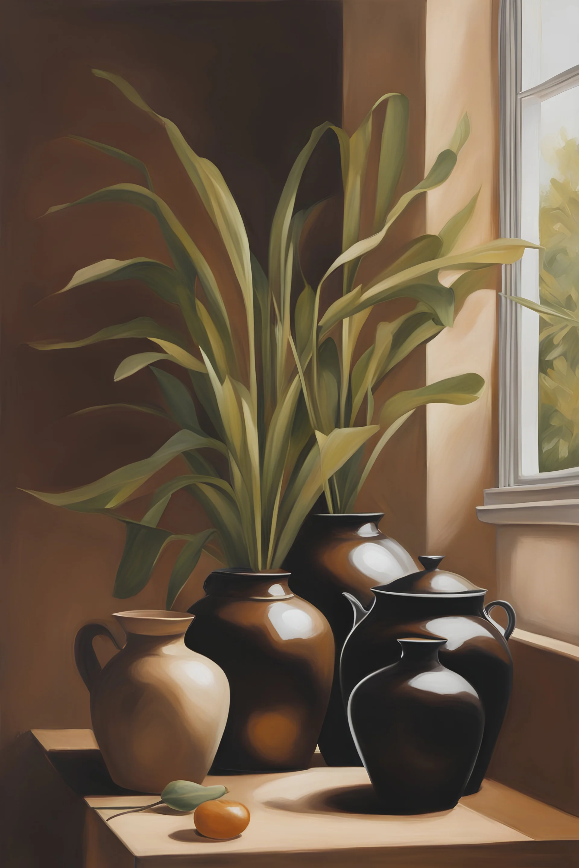 realistic monochromatic paintings of pots, brown colors, Brushstroke driven style of Impressionism with realistic subject matter