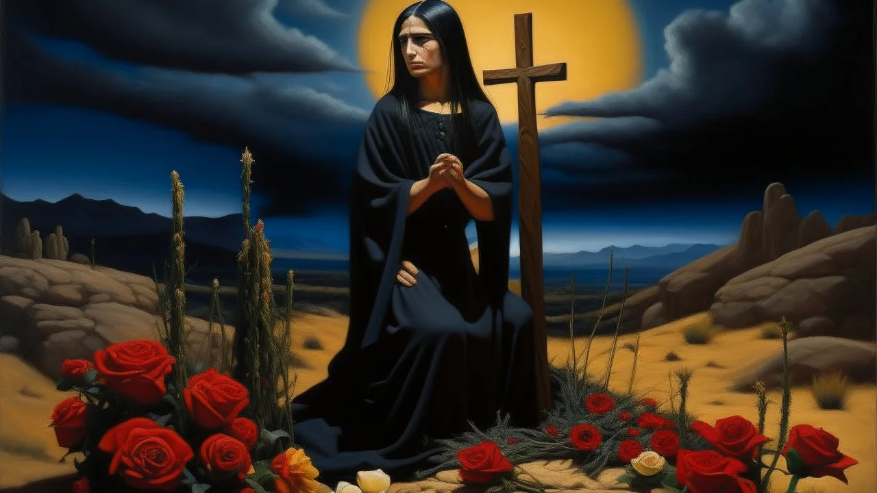 Oil painting of a 30 year old indigenous woman kneeling in front of a wooden cross, she is wearing a black dress with white flowers and a black shawl, she is holding a black umbrella, the cross is on top of a pile of rocks with red flowers, behind her there is a mountain with a sunset, the sky is dark blue. The composition uses a warm color palette, with soft diffused lighting.