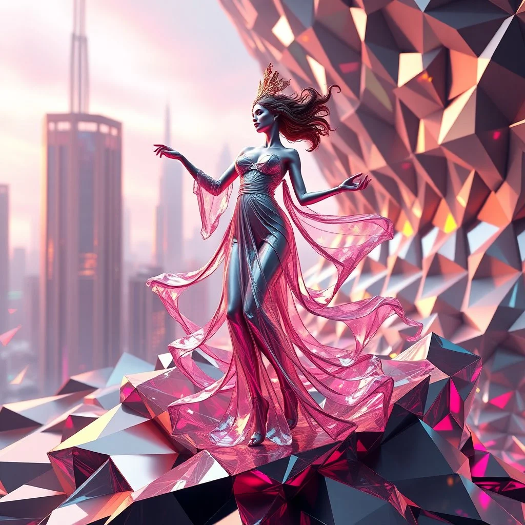 very complex structure ,pretty viberating color environment 3d metalic and crystal recursive animating beveled geometric base very complex structure future world evolving background and goddess realistic modern lady in pretty cleric dress comes out dancing gracefully , viberating color moving very in modern city escape environment while camera tracking it.