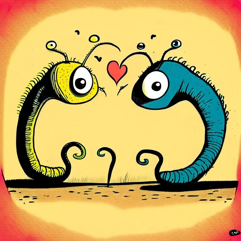 Two cartoonist drawn worms in love, staring at each other, absurdist, dr. Seuss, pop art, romantic