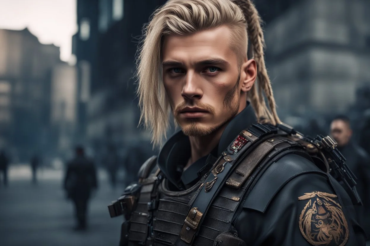 photorealistic hyperdetailed portait of 20-year-old german male, as mercenary with long blonde undercut hair, tribal tattoos and neatly trimmed beard wearing modern mercenary uniform fantasy dark cityscape